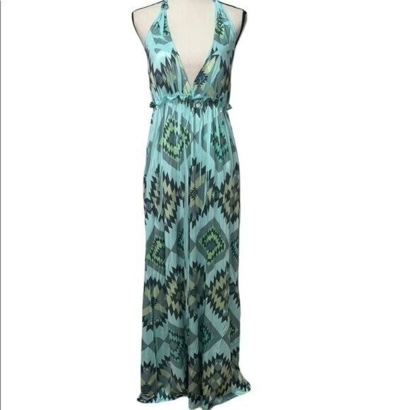 Tera Fashion Boho-Inspired Halter Maxi Dress Aztec Light Blue & Green Size M - Picture 1 of 10